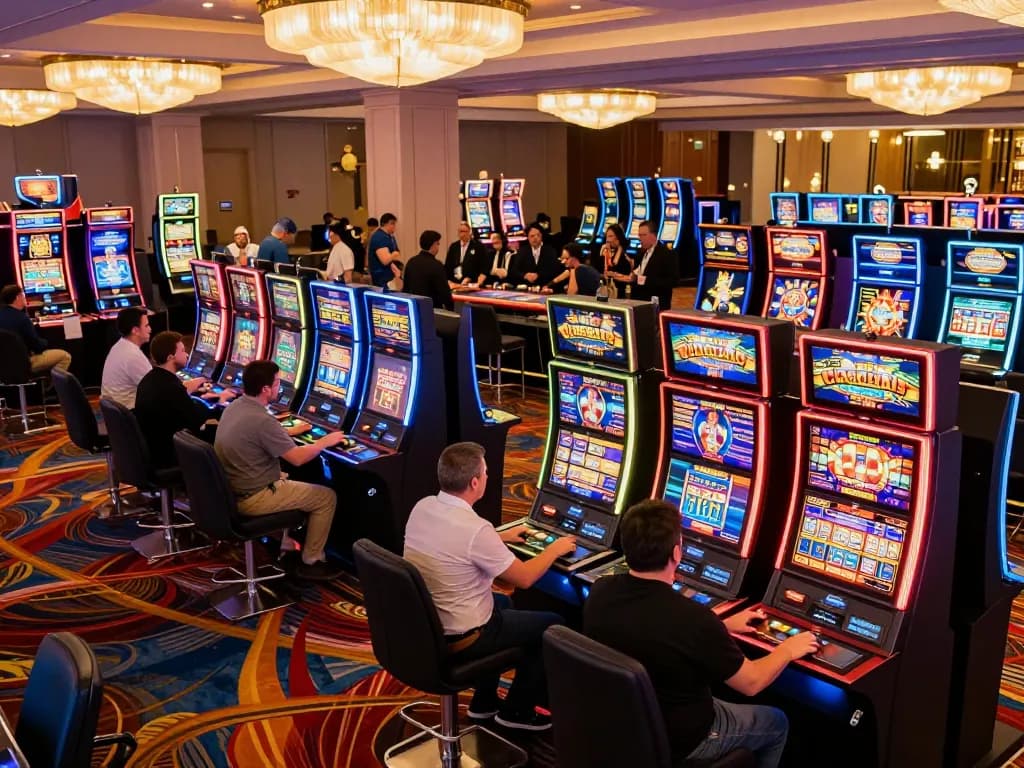 Excited players experiencing dagelan4d slots at vibrant casino with colorful lights.
