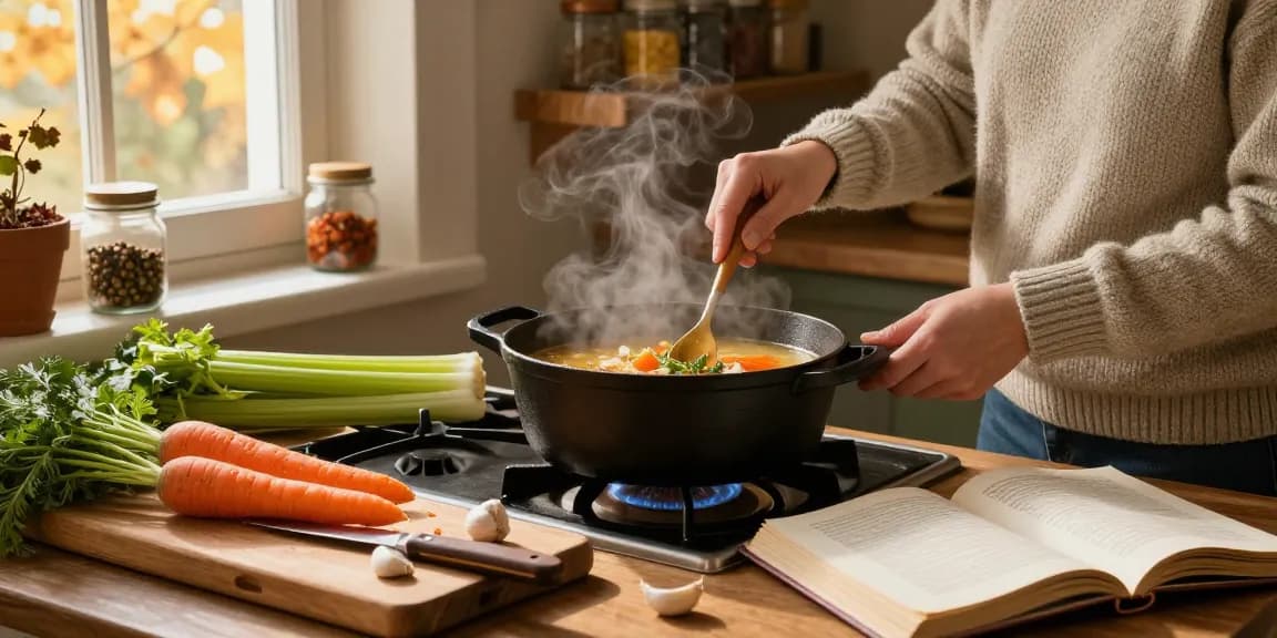 Leckere Klare Suppe, die in einer rustikalen Küche mit frischen Zutaten im Herbst zubereitet wird.