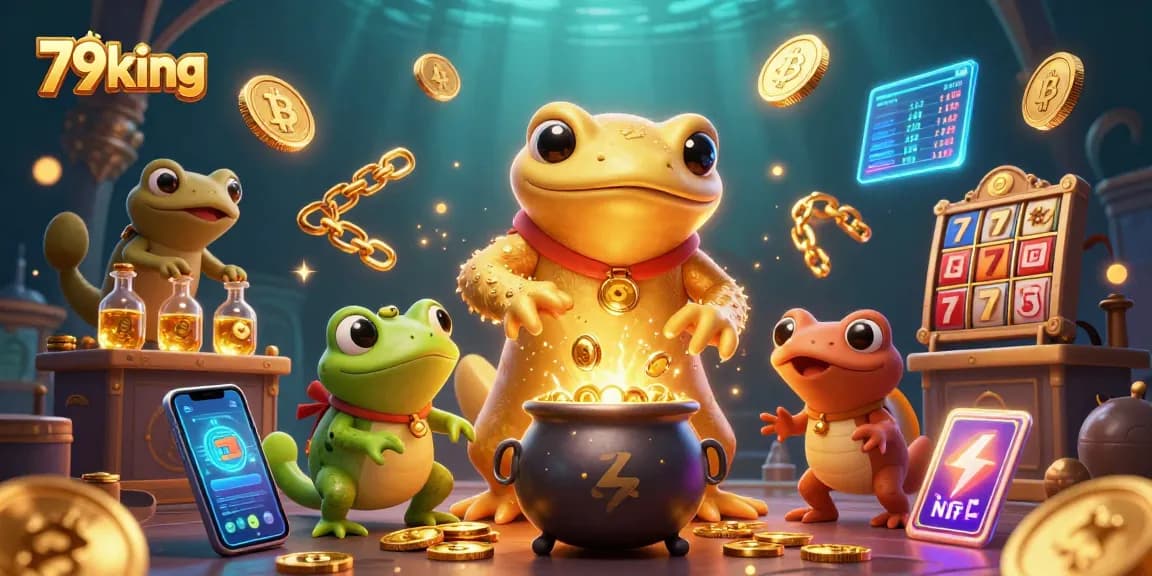 Engage with 79king's vibrant 3D illustration, showcasing characters transmuting gold within a dynamic casino scene.