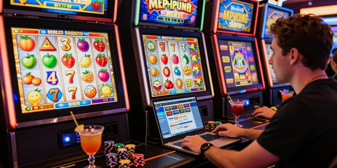 Excited player enjoying spin million casino with vibrant slot machine and festive drinks.