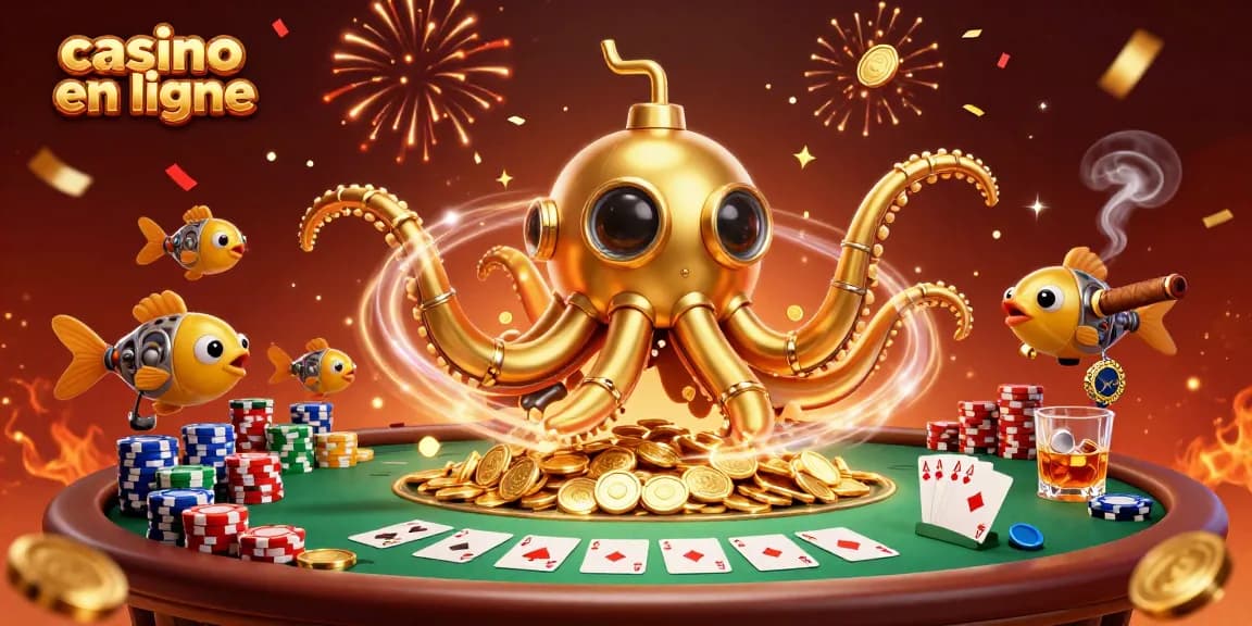 Casino en ligne avec un kraken et des jetons de poker brillants entourés de riches éléments de jeu