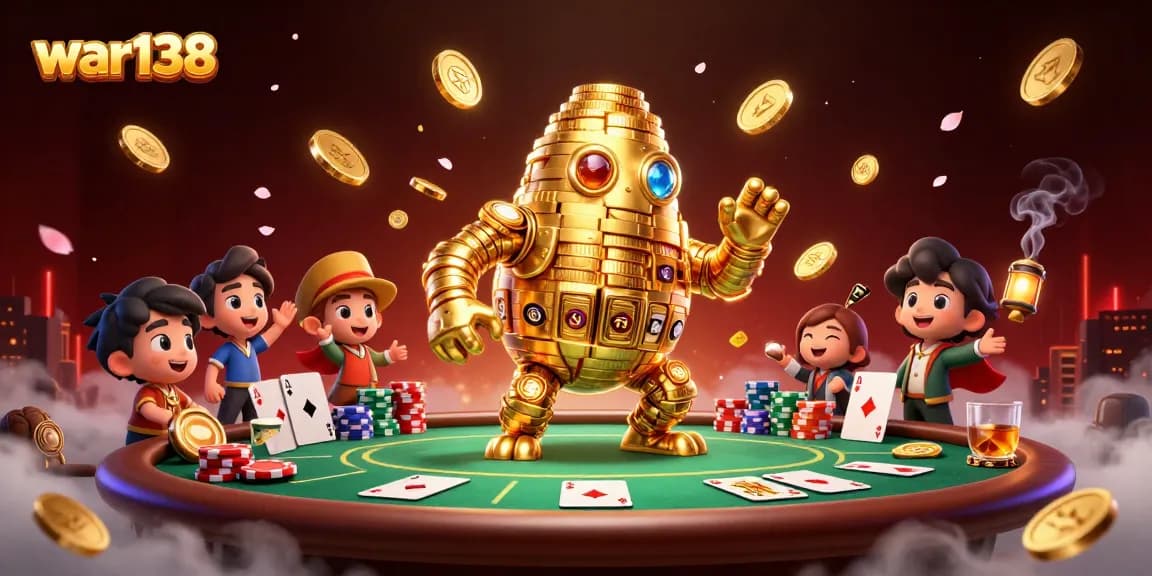 Experience thrilling wins with war138 in an exciting poker casino scene featuring golden golems and rich game elements.