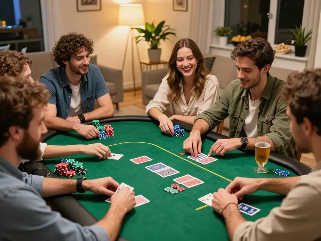 Gathered friends play poker at home, enjoying social gaming night with 789win strategies.