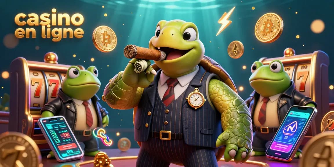 Illustration dynamique d'un casino en ligne avec une tortue massive en costume accompagnée de grenouilles, jouant entourées de pièces de crypto.