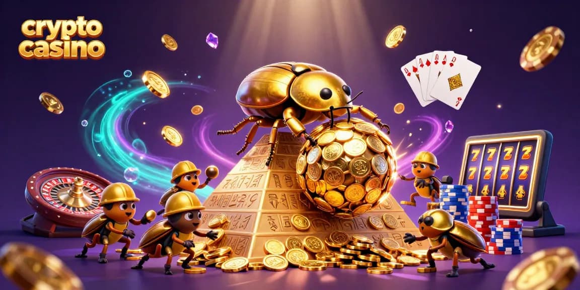 Scopri il crypto casino: simboli di fortuna e vincite dorate in un'illustrazione vivace.