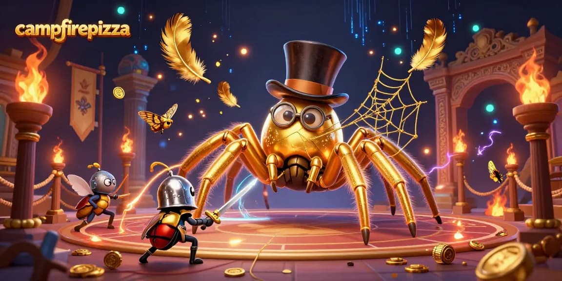 Bermain di campfirepizza sambil mengejar jackpot dengan tarantula berkilau dan ksatria kecil di arena kasino yang penuh warna.