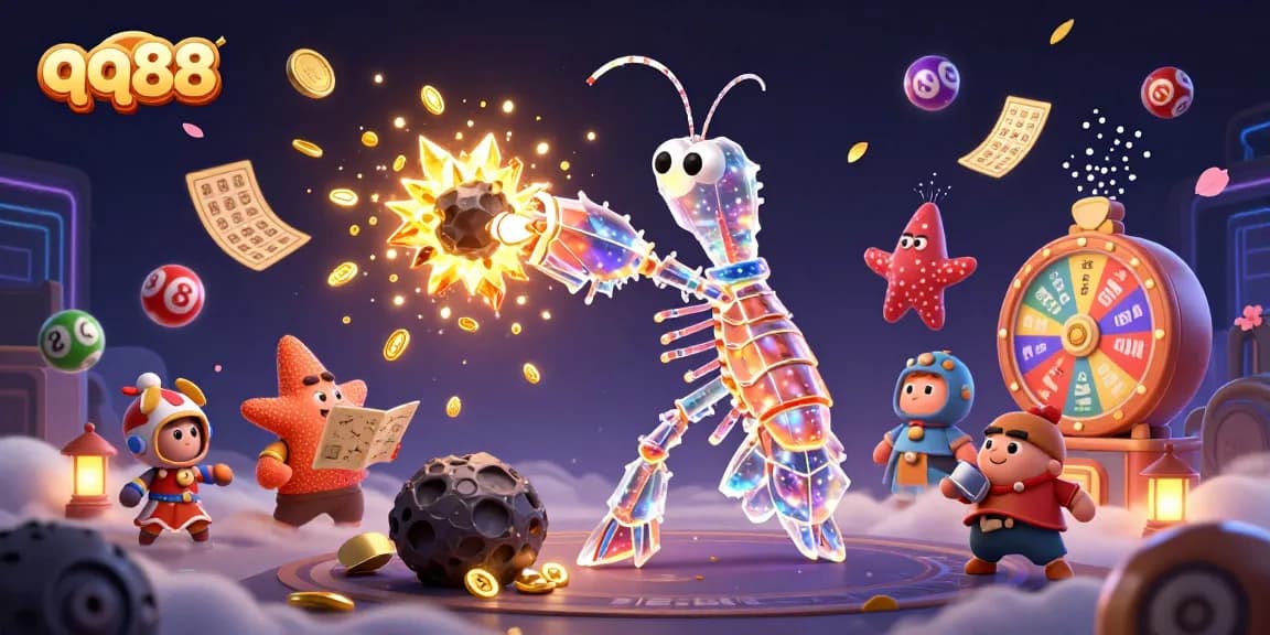 Win big at qq88 with a dynamic casino scene featuring vibrant lottery elements and a mantis shrimp hero.