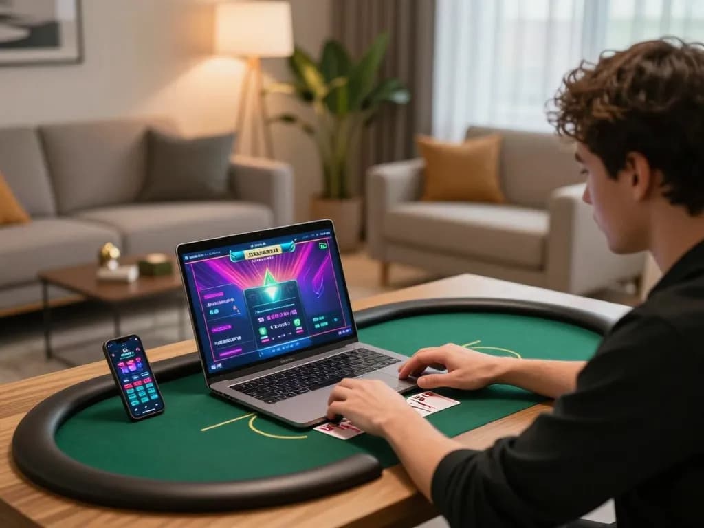 Engaged player mastering poker strategies at home on their laptop, 789 gaming experience