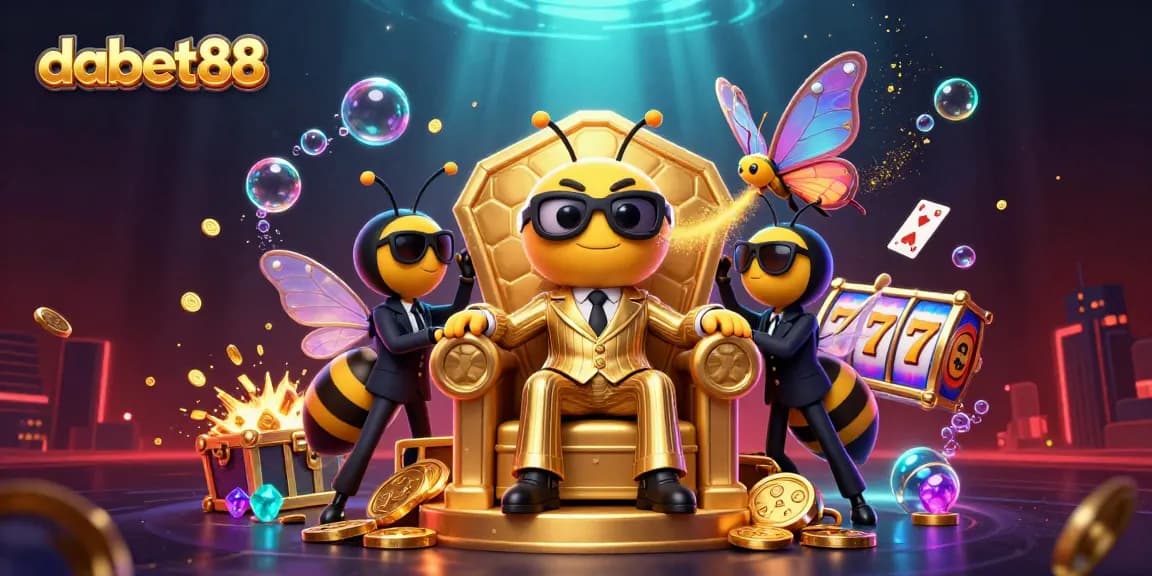 Dabet88 showcasing an exciting online casino atmosphere with colorful slot reels and dynamic characters.