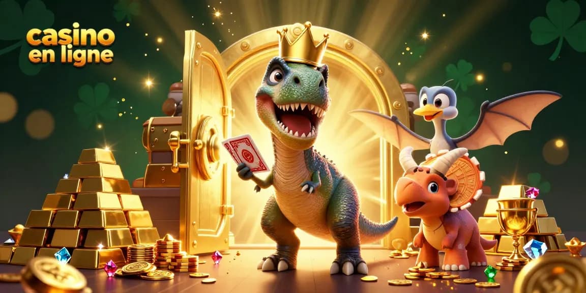 Jouez au casino en ligne avec une illustration ludique de T-Rex, Ptérodactyle et Tricératops entourés de trésors.