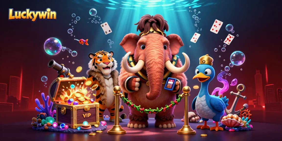 Luckywin invites players with a vibrant scene, featuring a woolly mammoth bouncer at the entrance.