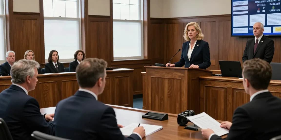 Karen McCleave Toronto presenting evidence in a dramatic murder trial courtroom scene
