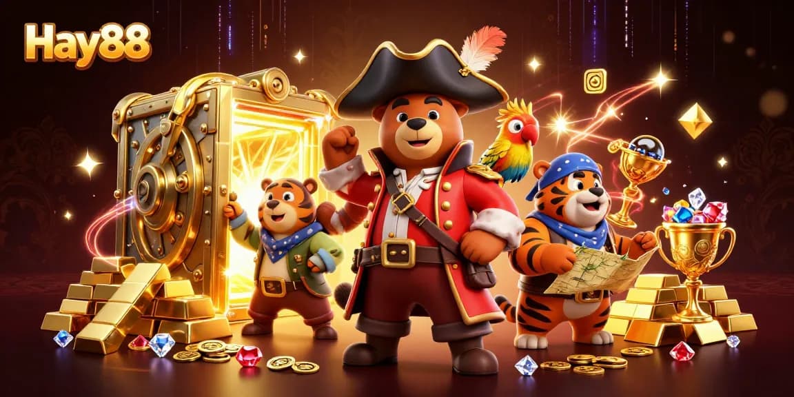 Join the excitement at Hay88 with a vibrant scene of treasures and characters, enhancing the casino experience.