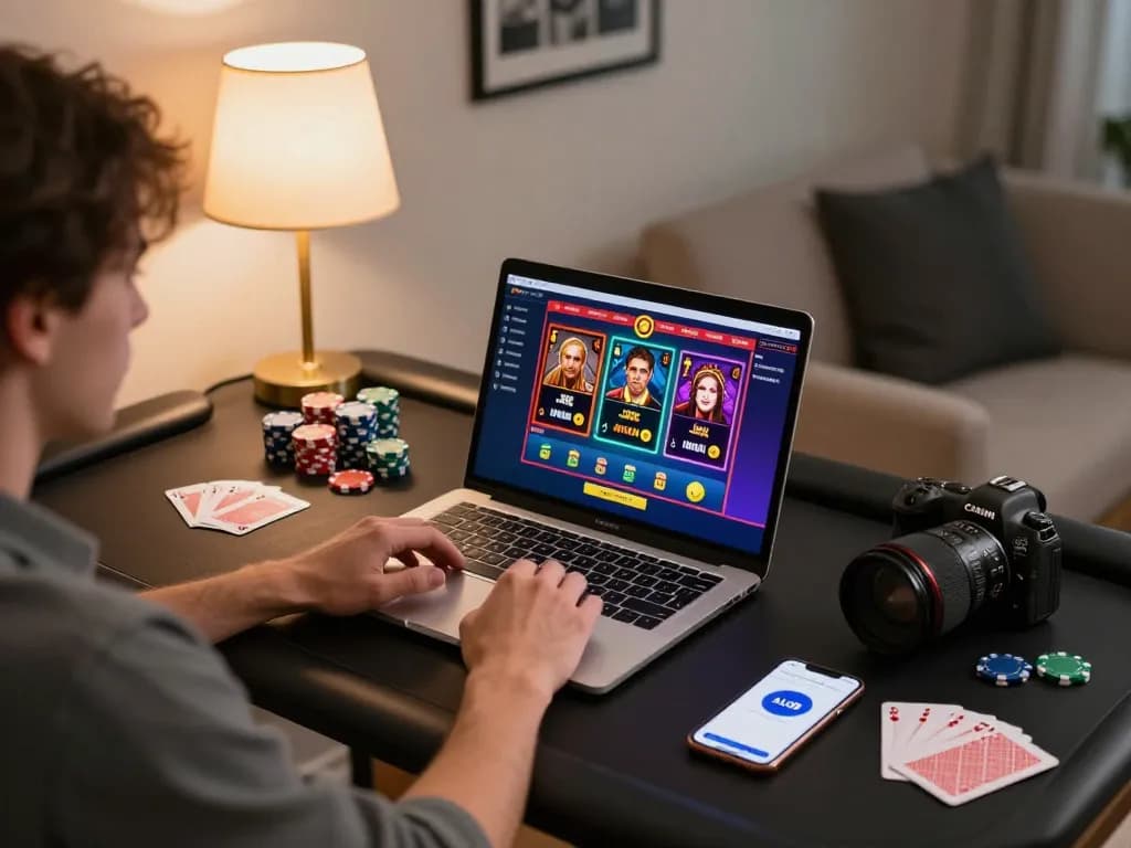 Enjoy captivating online gaming experiences with ALO8, showcasing a dynamic laptop setup and interactive elements.