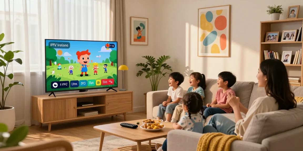 Family enjoying IPTV Ireland streaming service in a cozy living room