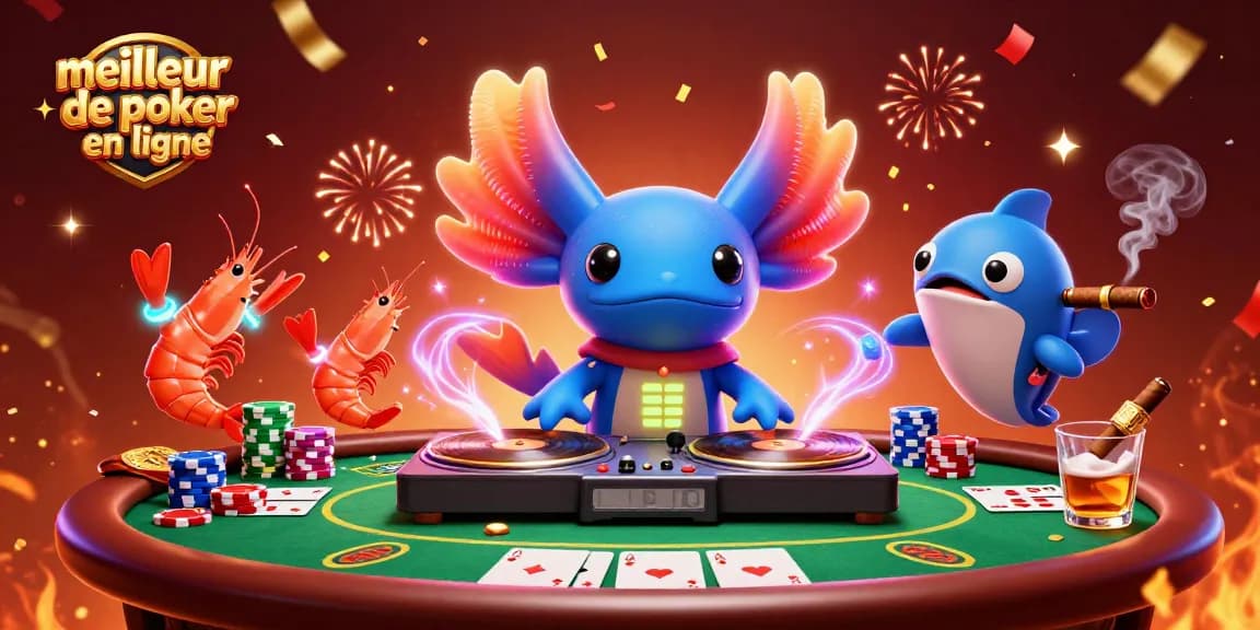 Jouez sur le meilleur site de poker en ligne avec des personnages colorés autour d'une table de poker remplie de jetons.