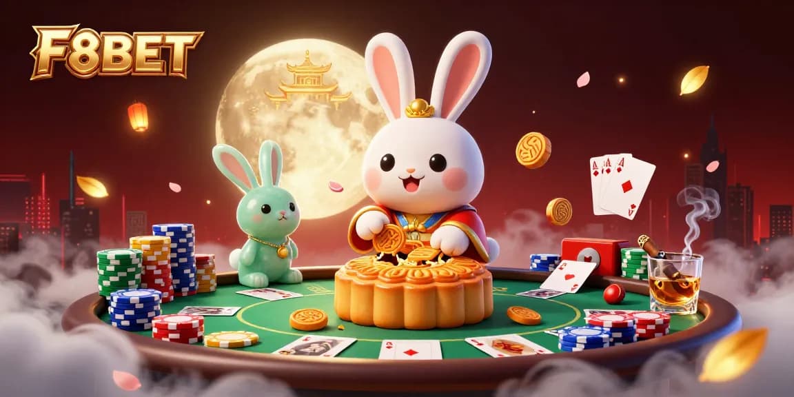 Experience F8BET with the rabbit and golden mooncakes as poker chips reveal thrilling casino adventures.