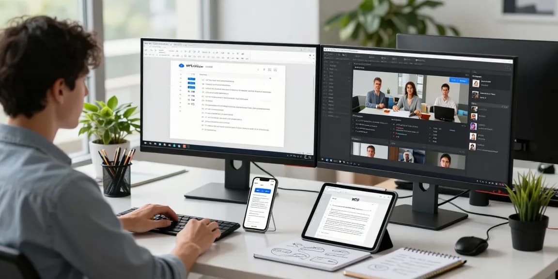 使用 WPS Office 下载进行云文档协同办公，现代工作环境展示多个设备的无缝协作和编辑。