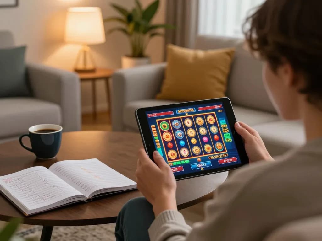 Engaging in kdslot online gaming at home with a cozy setup and strategic notes.