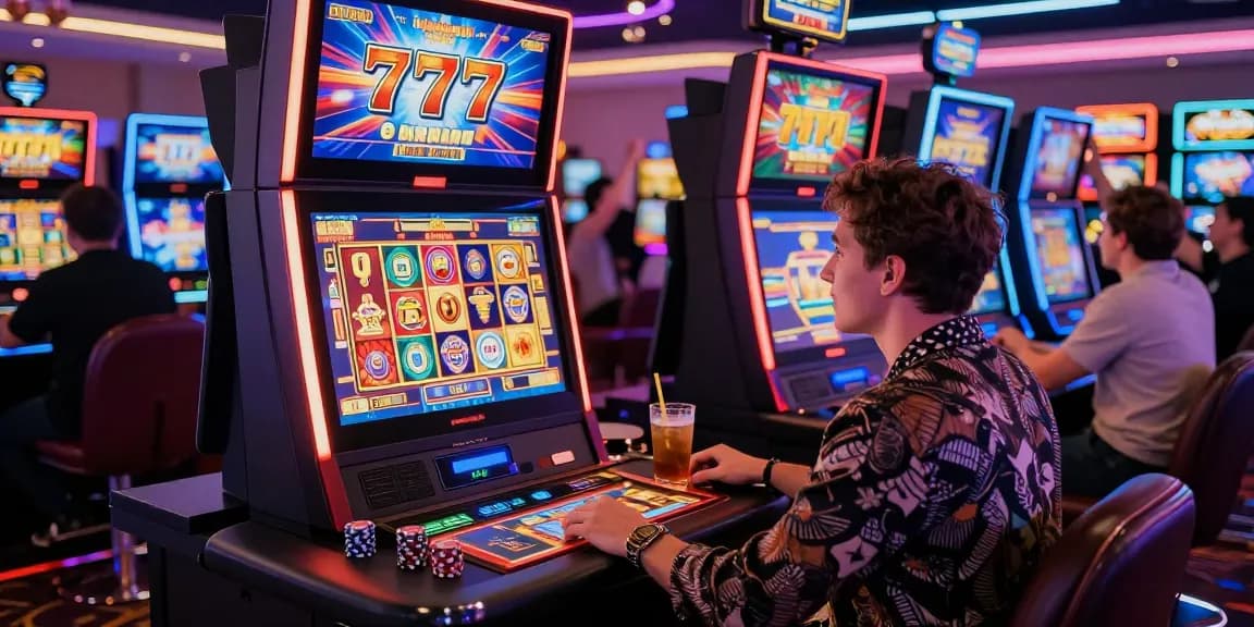 Excited player celebrating a win on the 777 slot machine in a vibrant casino.