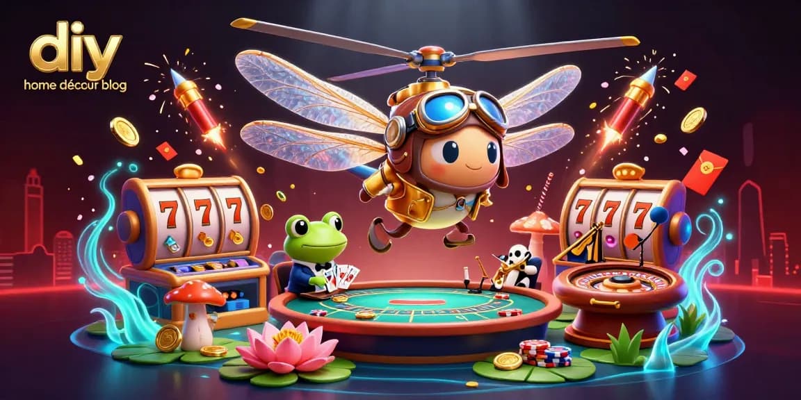 diy home décor blog showcases a vibrant casino scene with a dragonfly pilot, frog croupier, and jazz musicians