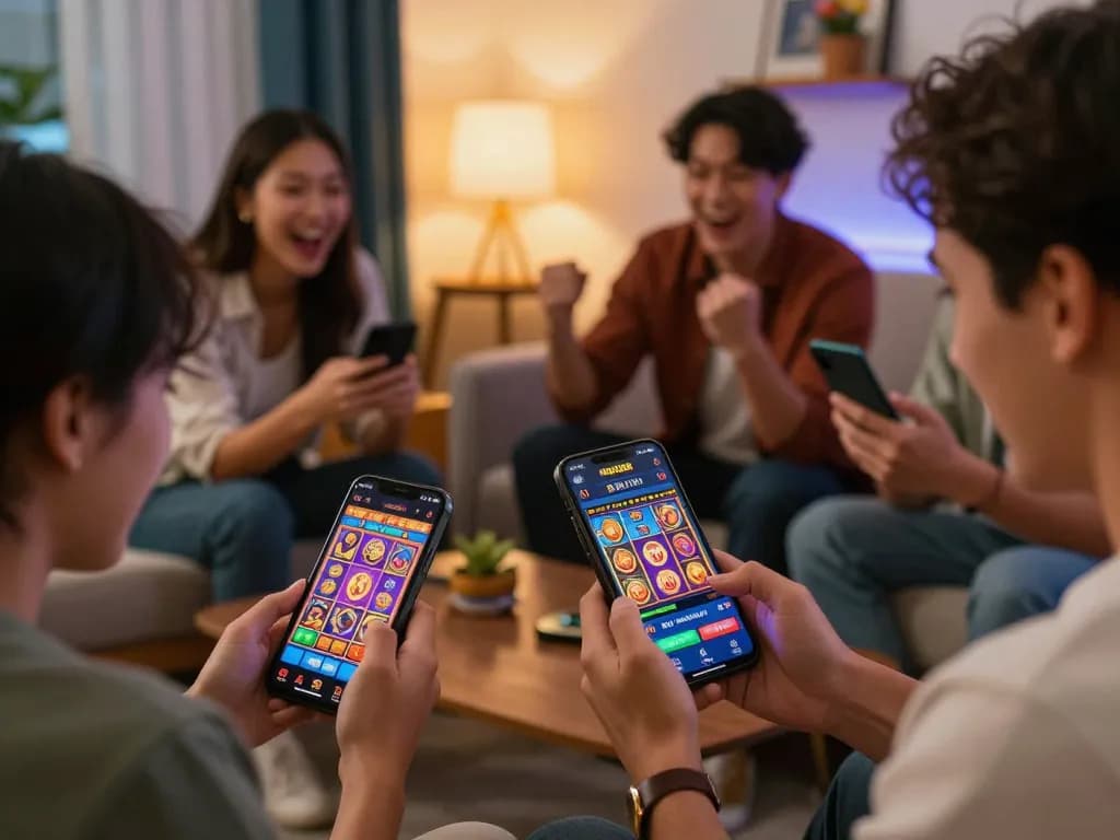 Players using mdg188 mobile app for online slots, showcasing excitement and social interaction