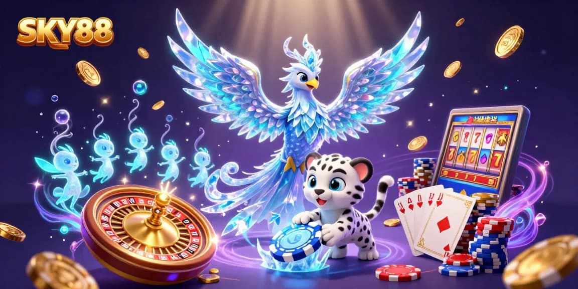 Sky88 players enjoy dynamic casino thrills with vibrant characters and games in an engaging scene.