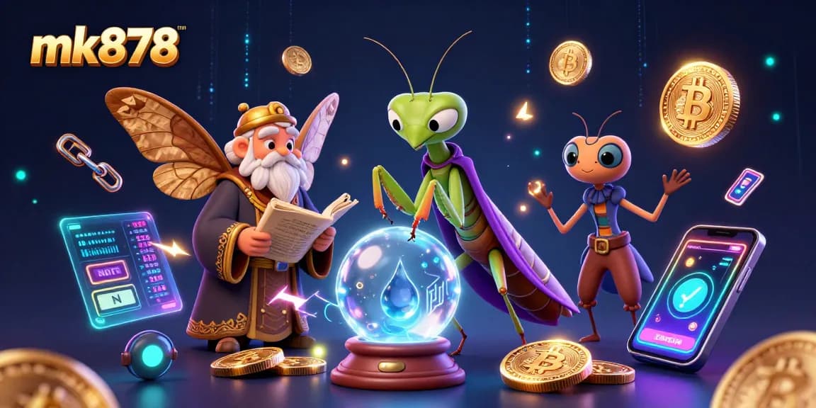 Win big with mk878 at a vibrant casino scene full of magic and cryptocurrency elements.
