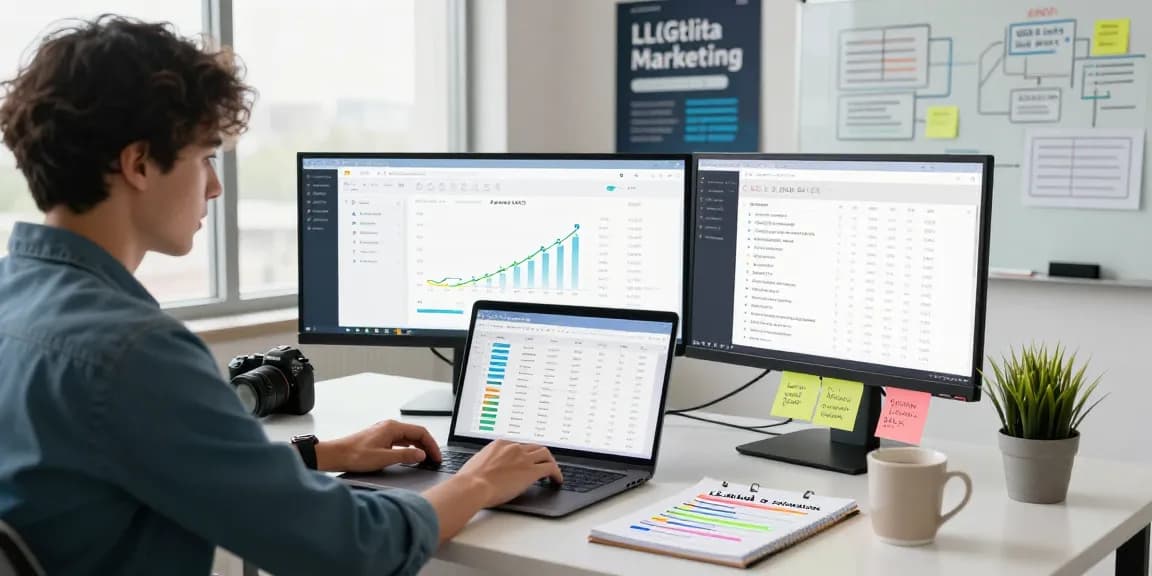 Analyzing LLG link indx services in a modern digital marketing office with screens and notes.