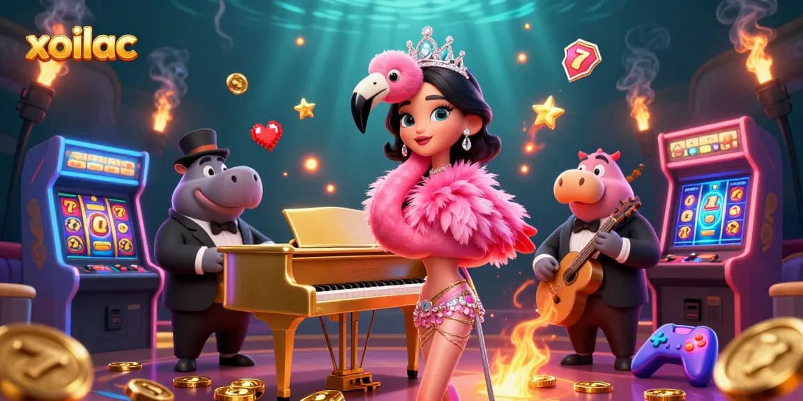 Engage with xoilac's vibrant casino scene, featuring a flamingo singer and hippo bassist surrounded by slot machines.