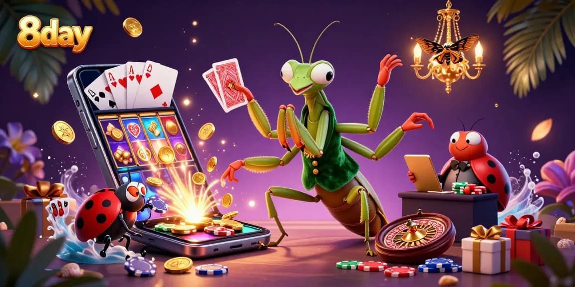 8day casino illustration with a mantis dealer and gaming elements for an engaging online gambling experience.