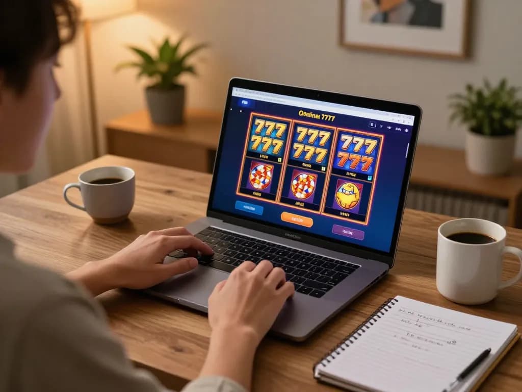 Engaging in slot777 gameplay on a warm home setup, person using a laptop with gaming notes.