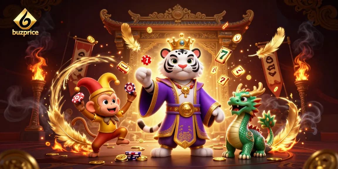 buzprice features a lively 3D scene with a tiger and monkey in a vibrant casino atmosphere, ideal for gamblers.