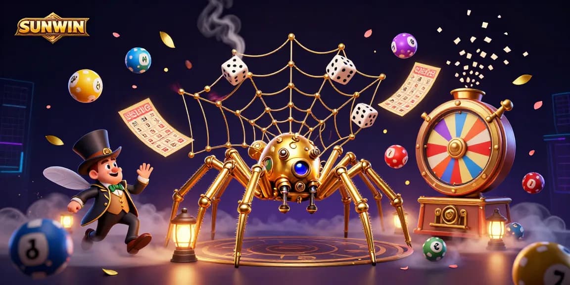 SUNWIN showcases a vibrant 3D casino scene, featuring a steampunk spider and dynamic lottery elements