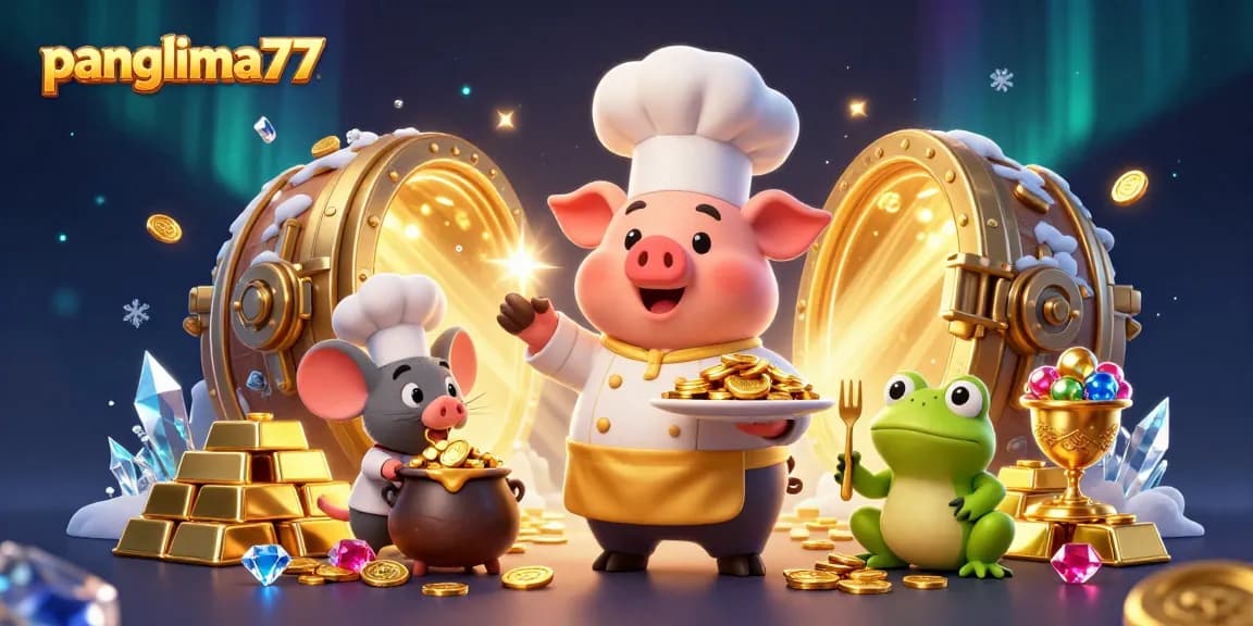 Panglima77 pig chef serves gold coins in a vibrant casino scene with festive elements and treasures.