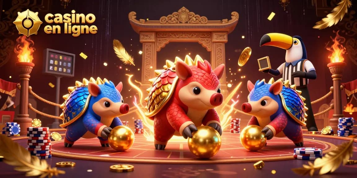 Des pangolins joueurs s'affrontent dans un casino en ligne vibrant avec des jetons et des échelles d'or.