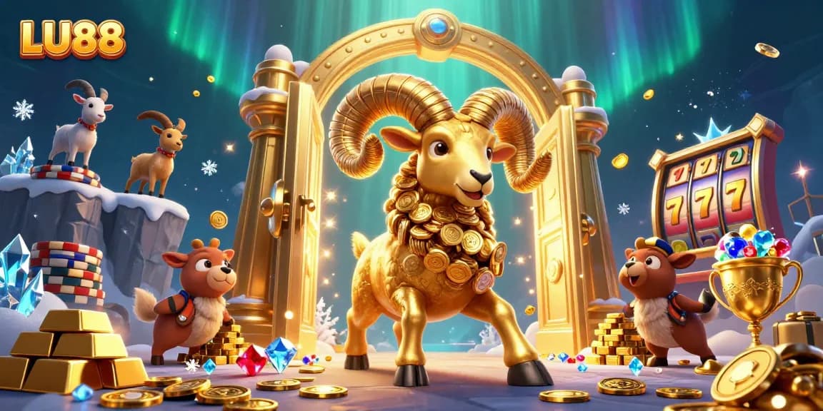 LU88 features an immense golden ram charging through a golden gate, symbolizing fortune and excitement in a casino setting.