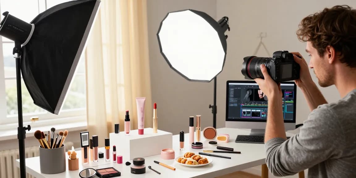 Fotografo di Prodotti in studio mentre cattura immagini di alta qualità di cosmetici e accessori.