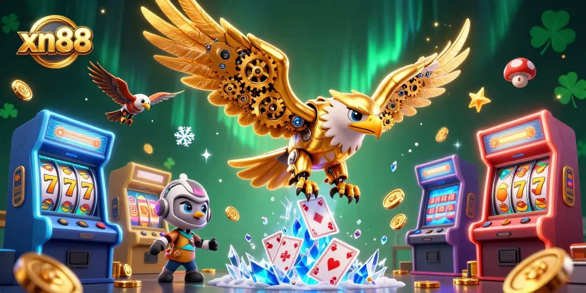 Play thrilling games at xn88, featuring a cybernetic eagle among vibrant casino elements.