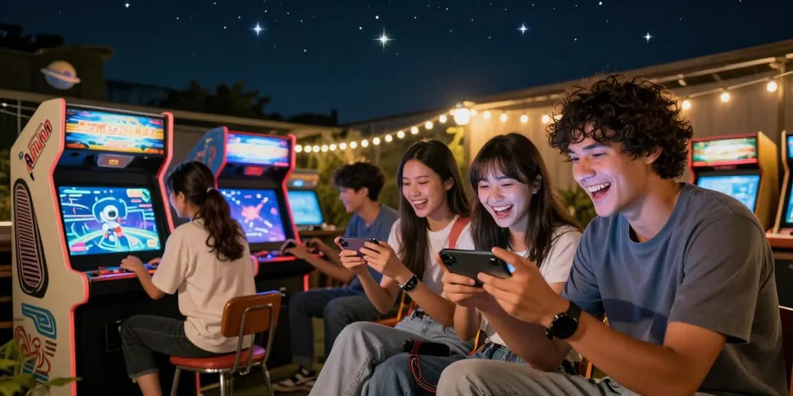 Friends enjoying spaceman-themed online gaming experience under a starry night sky.