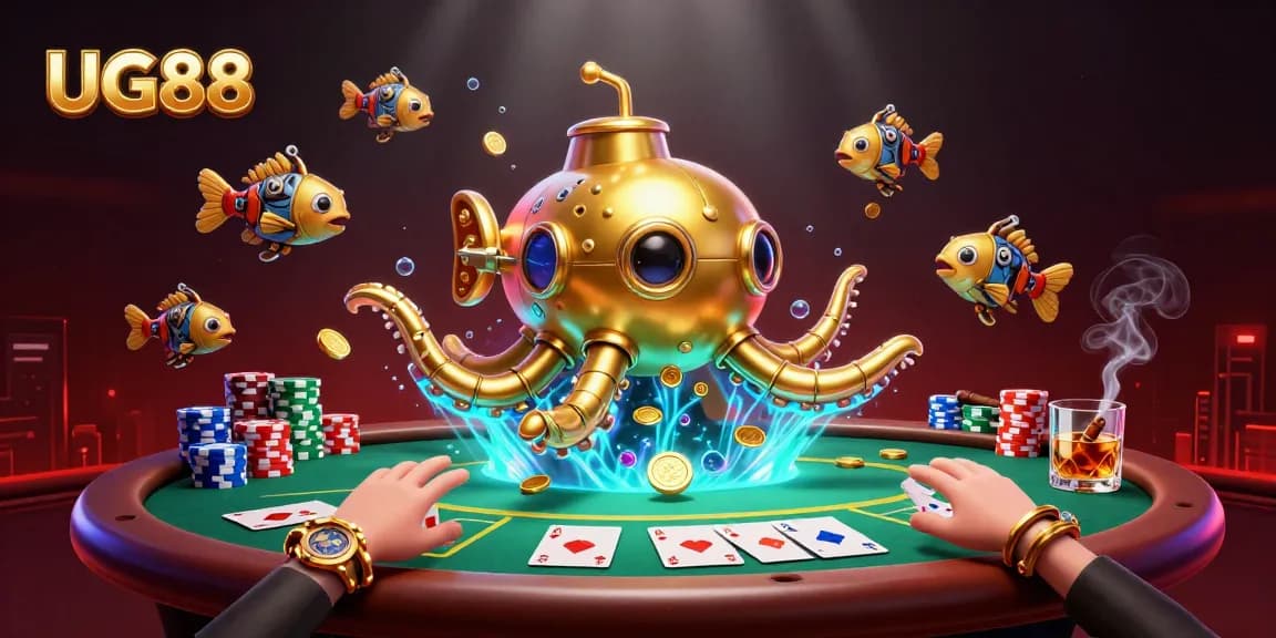 Experience thrilling poker games with UG88 through an ultra-detailed scene of a golden kraken submarine amidst poker chips and cards.