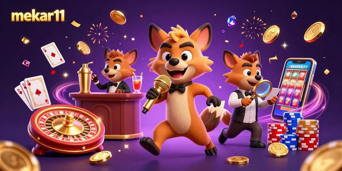 Experience thrilling fun at mekar11 with lively hyenas in a casino scene featuring slot machines and golden chips.