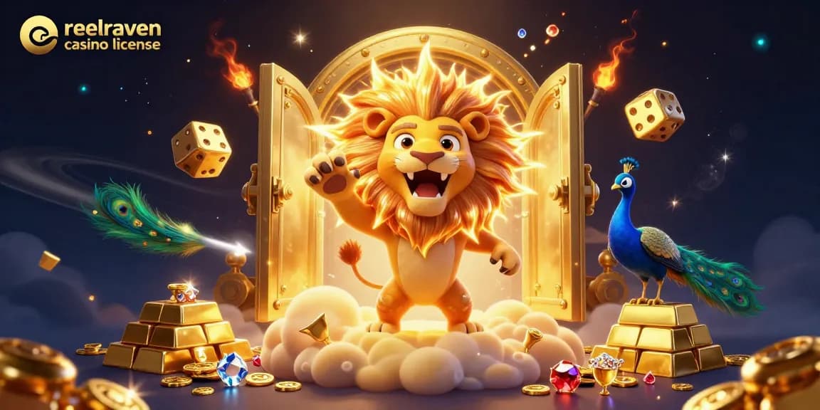 Découvrez la licence de ReelRaven Casino avec un lion 3D et des éléments de jeu colorés.
