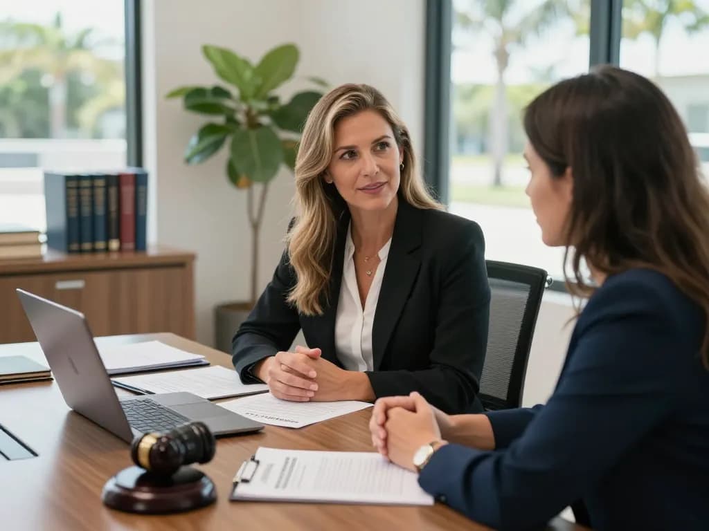 Palm Harbor Divorce Lawyer Shelly Beach consulting with a client in a modern legal office.