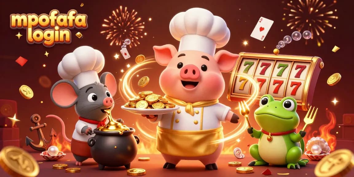Engage with mpofafa login, featuring a chef pig serving gold while a mouse and frog enjoy casino atmosphere.