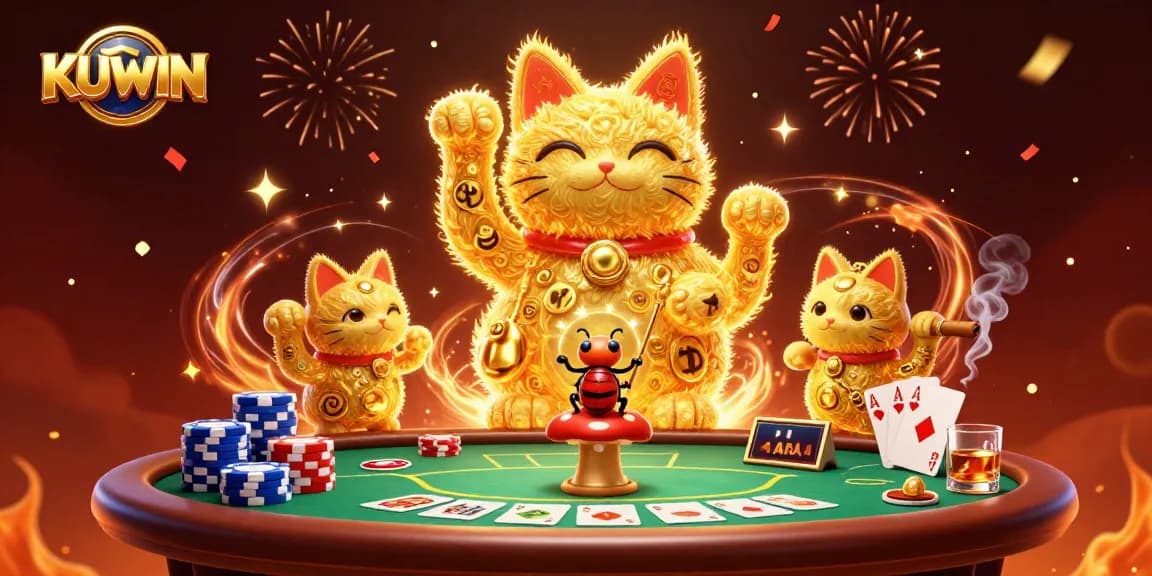 Play exciting games at KUWIN, where golden fireflies create a lucky cat amidst vibrant casino symbols.