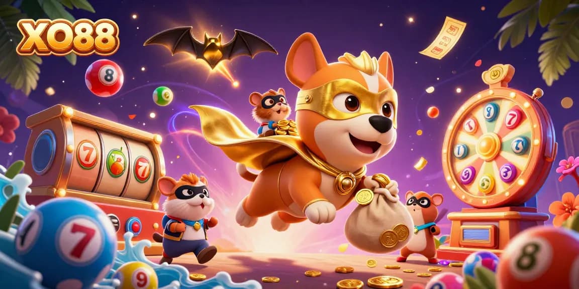 Experience the thrilling gameplay of XO88 with a dynamic 3D superhero scene packed with casino elements.