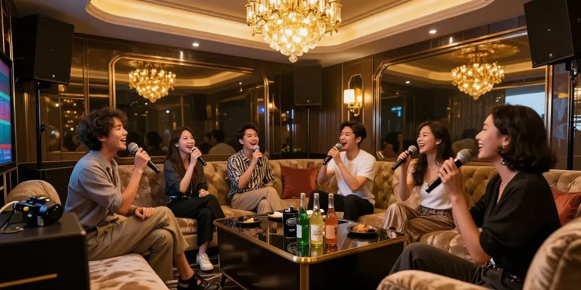 강남가라오케에서 친구들과 즐거운 노래 시간을 보내는 고급스럽고 세련된 실내 분위기
