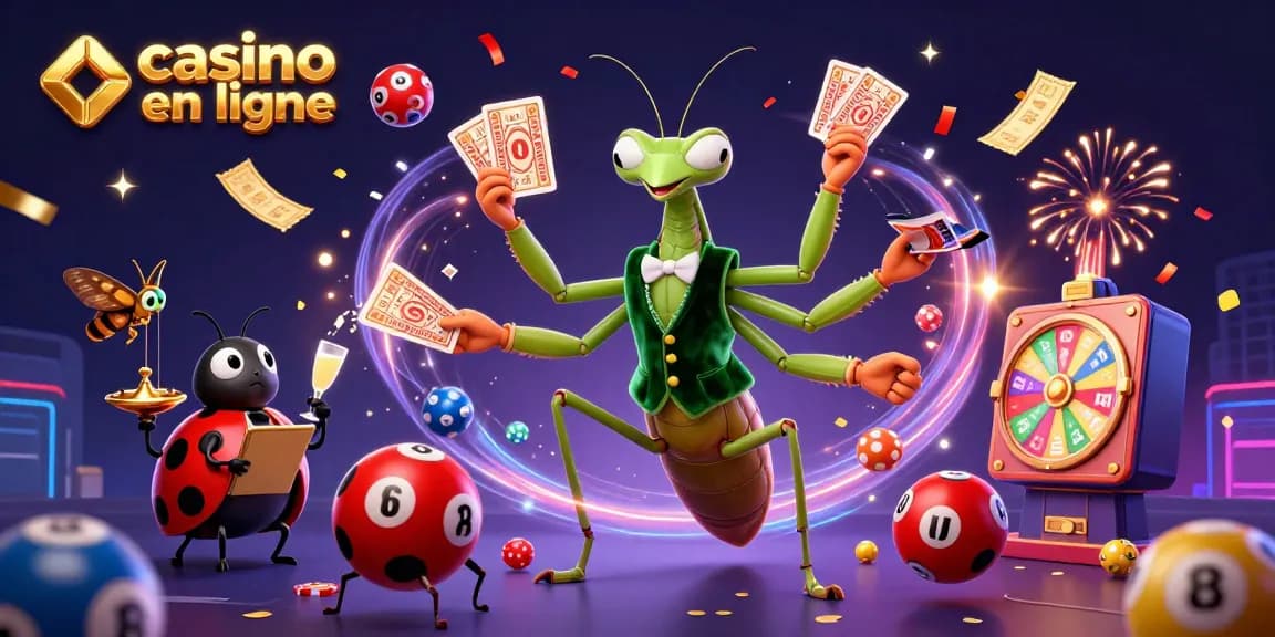 Plonge dans le monde des jeux avec ce casino en ligne où les croupiers mantis gèrent des cartes et de l'argent tout en célébrant.