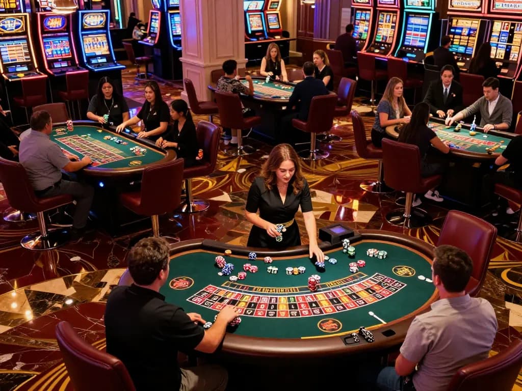 rokok88 players placing bets at vibrant roulette tables in a Vegas casino atmosphere